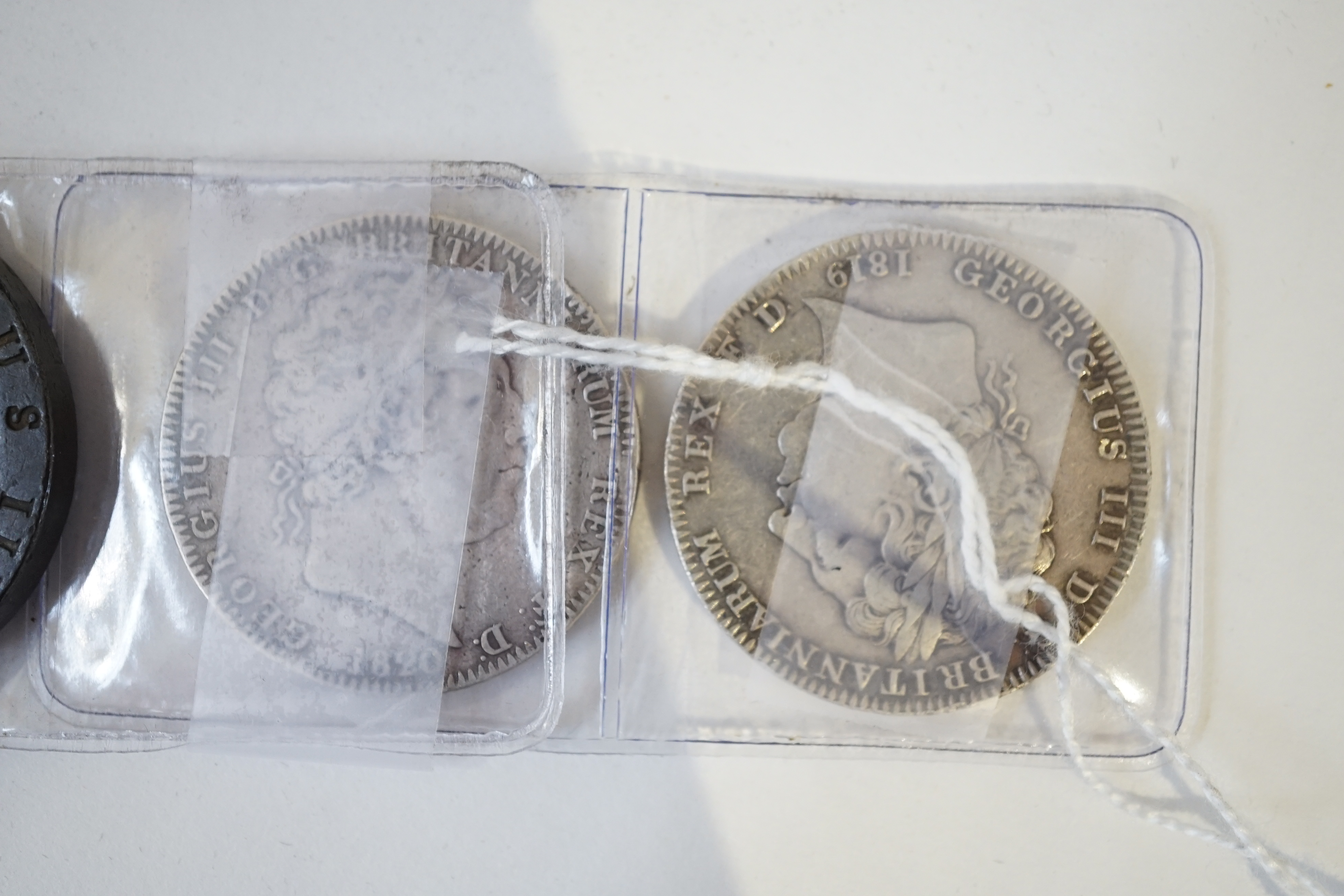 British coins, George III, silver crown, 1819, fine, silver crown, 1820, VG, and 1797 Soho Mint twopence, good fine (3)